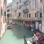 The gondolas in Venice, along the canals.